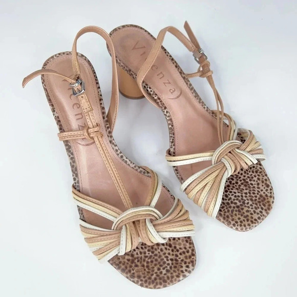 Vicenza Anthropologie Cream Neutral Slingback Heeled Sandals Leather Round Heel - Picture 2 of 14